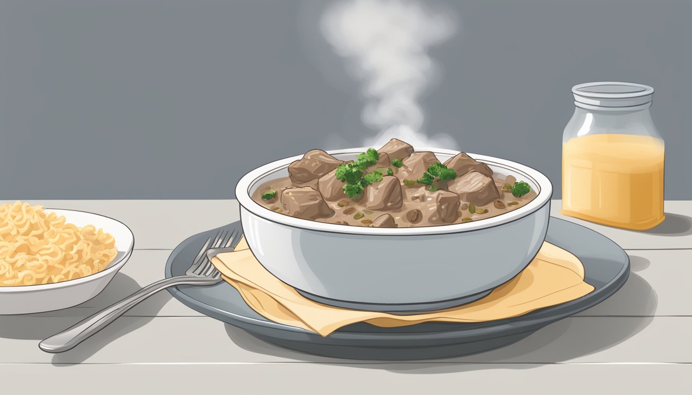 A steaming bowl of gluten-free beef stroganoff being reheated in a microwave, with a fork resting on the edge of the bowl