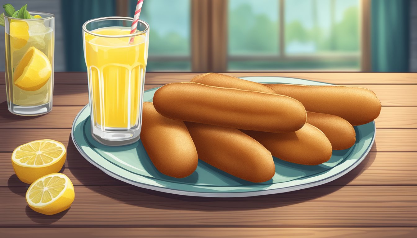 A plate of reheated gluten free corn dogs next to a glass of lemonade on a wooden table