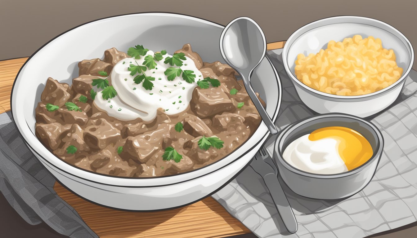 A steaming bowl of gluten free beef stroganoff being reheated in a microwave, with a fork resting on the side and a dollop of sour cream on top