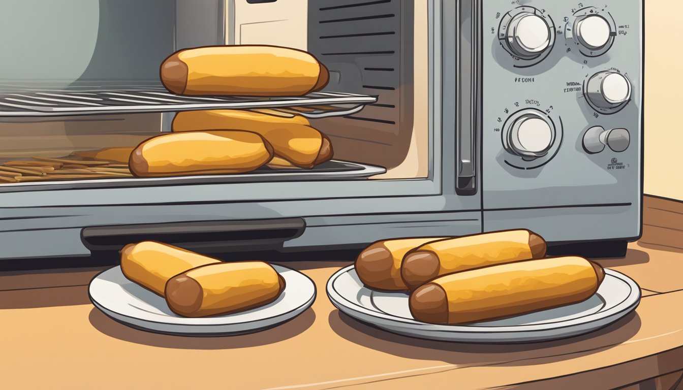 A plate of gluten-free corn dogs sits on a table, with a microwave in the background