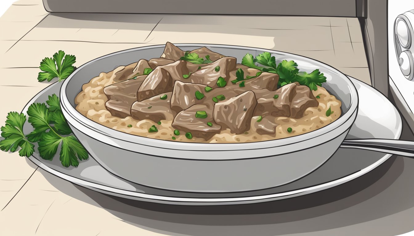 A steaming bowl of gluten-free beef stroganoff being reheated in a microwave, with a fork resting on the side and a sprinkle of fresh parsley on top