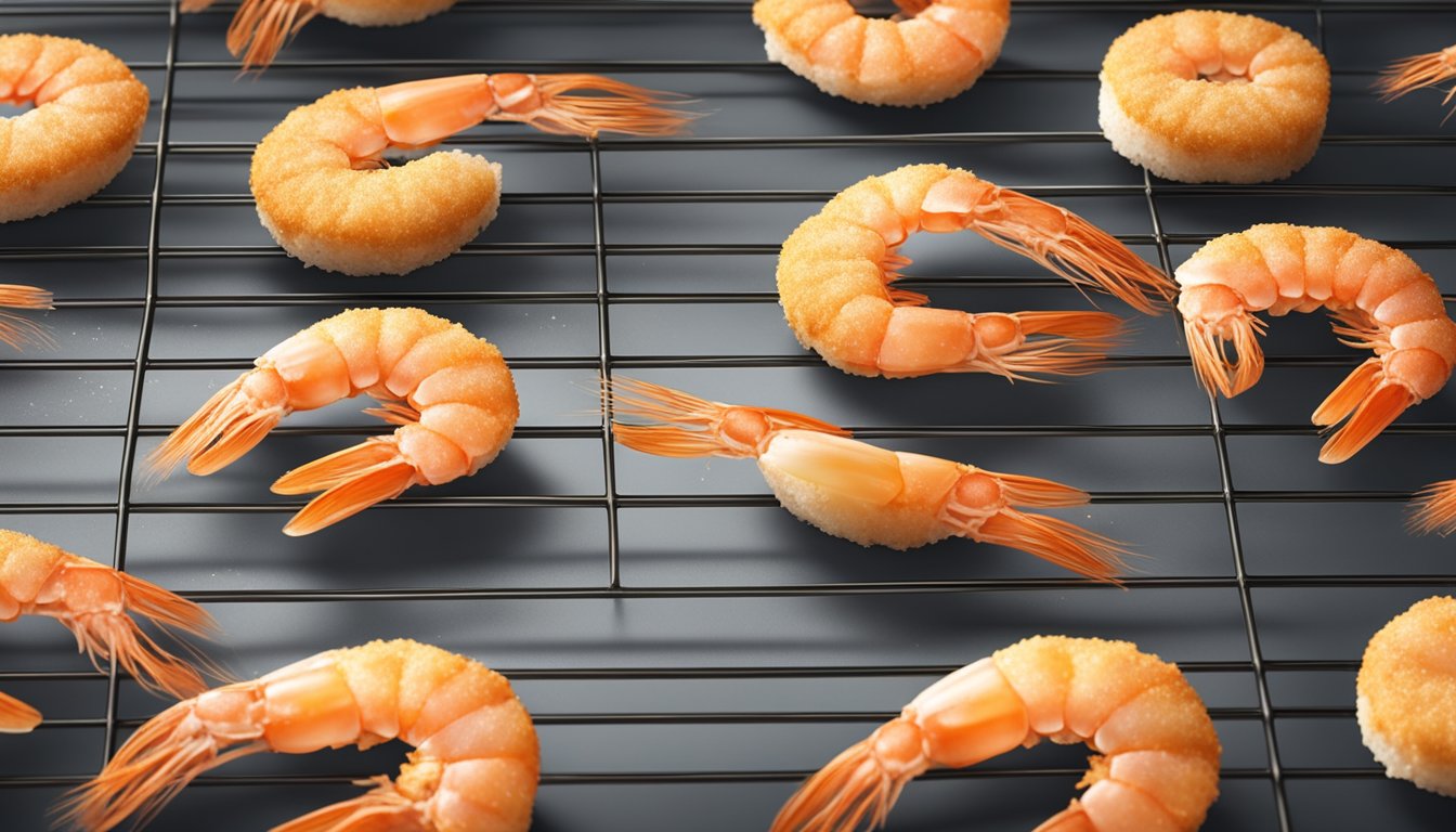 Gluten-free breaded shrimp arranged on a baking sheet, placed in the oven. Timer set and heat waves radiating from the oven