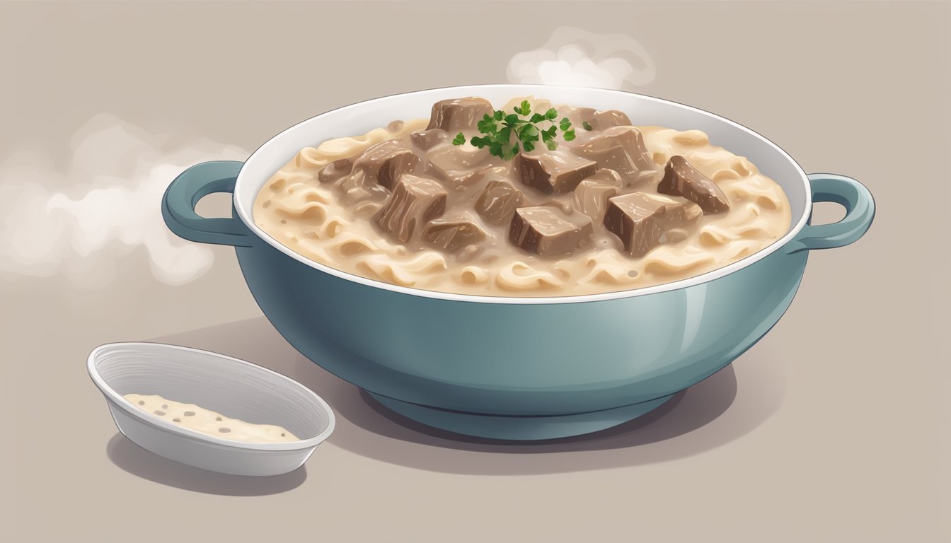 A bowl of gluten free beef stroganoff being reheated in a microwave, with steam rising from the creamy sauce and tender chunks of beef