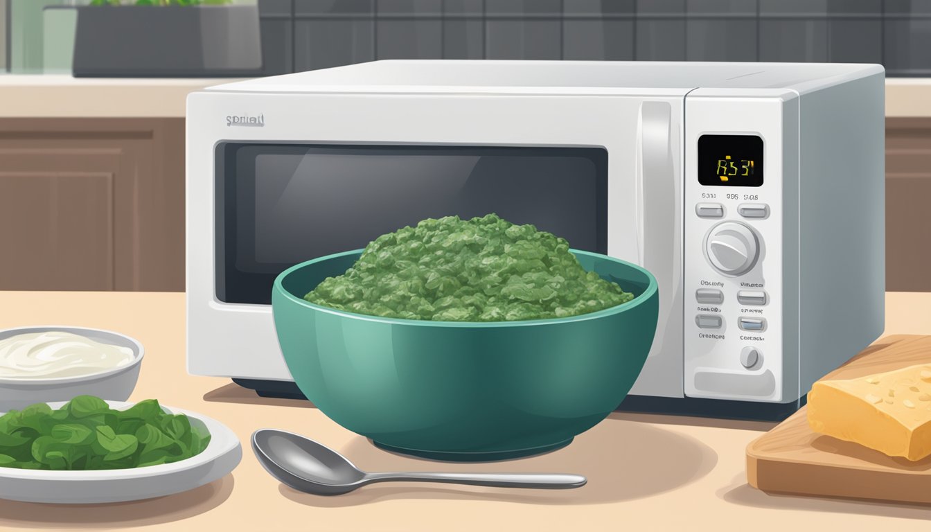 A microwave with a bowl of gluten-free creamed spinach inside, a spoon resting on the side, and a timer set for reheating