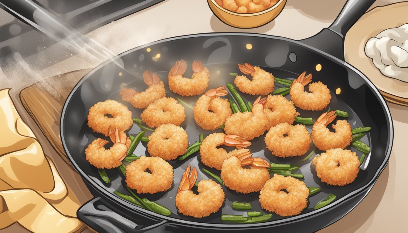 A plate of gluten-free breaded shrimp sizzling in a hot skillet, steam rising as they are reheated to a perfect crispy golden brown