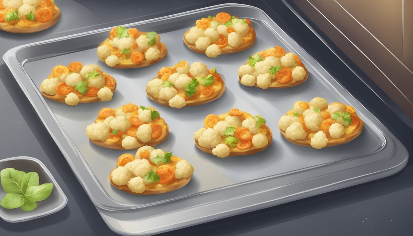 Cauliflower pizza bites on a baking sheet in the oven. Timer set. Steam rising