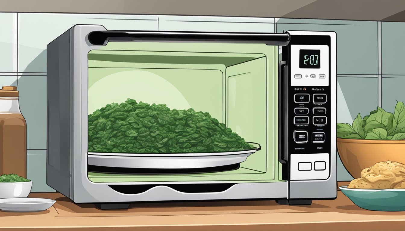 A microwave with a bowl of gluten-free creamed spinach inside, the timer set and the dish rotating as it heats up