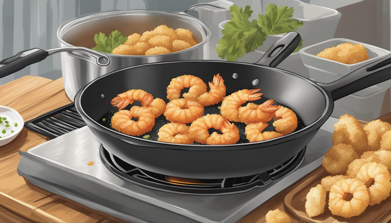 Gluten-free breaded shrimp sizzling in a hot, oiled skillet, flipping once to achieve an even, golden crispiness