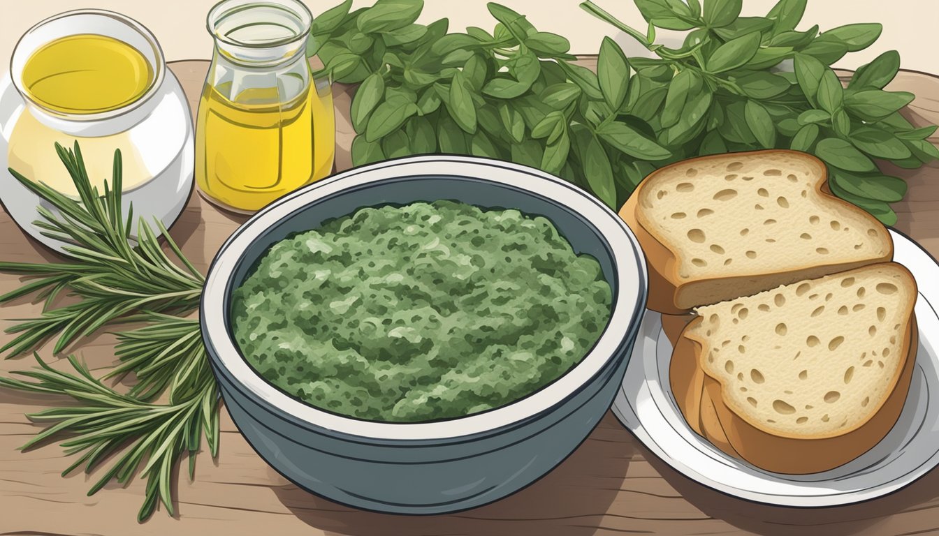 A steaming bowl of gluten-free creamed spinach sits next to a freshly baked loaf of bread, a small dish of olive oil, and a sprig of rosemary