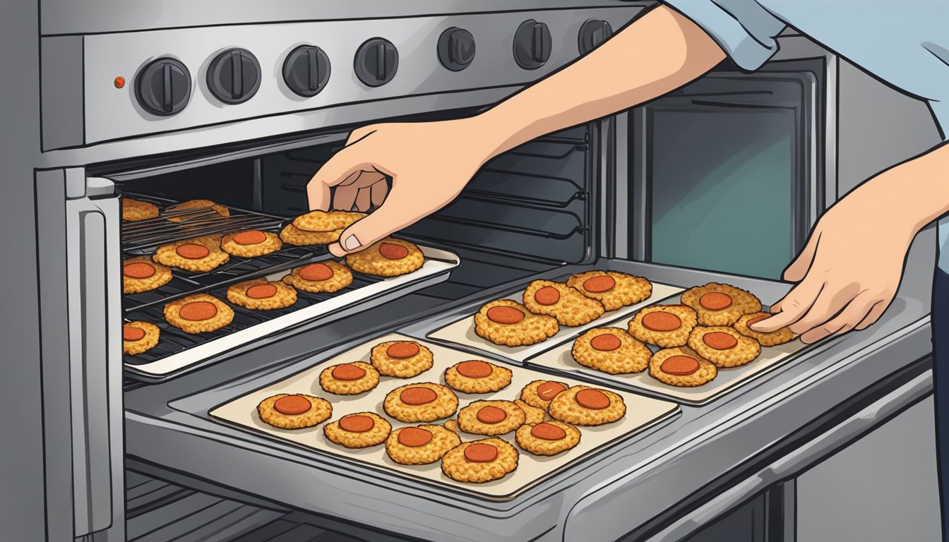 A hand placing cauliflower crust pizza bites onto a baking sheet in front of a preheated oven