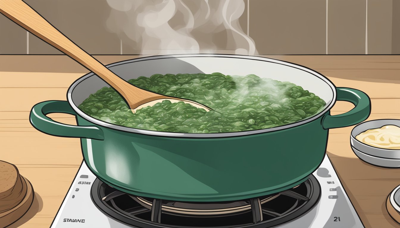 A pot of gluten-free creamed spinach being reheated on a stovetop, steam rising from the creamy mixture as a wooden spoon stirs it gently