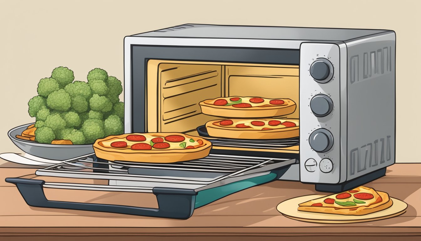 A microwave and oven sit next to each other, with a plate of gluten free cauliflower crust pizza bites in front