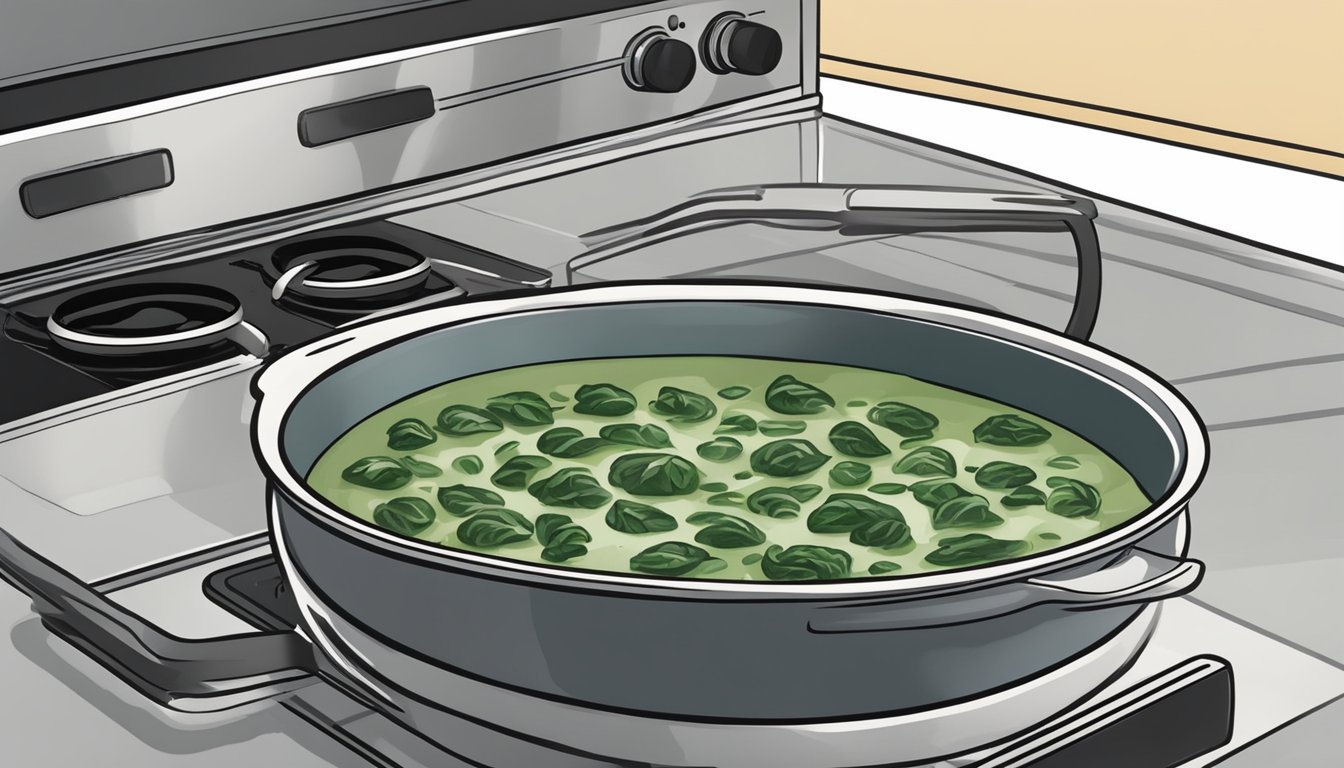 A bowl of gluten-free creamed spinach sits on a stovetop, steam rising as it is reheated. The spinach is creamy and vibrant, with no signs of spoilage