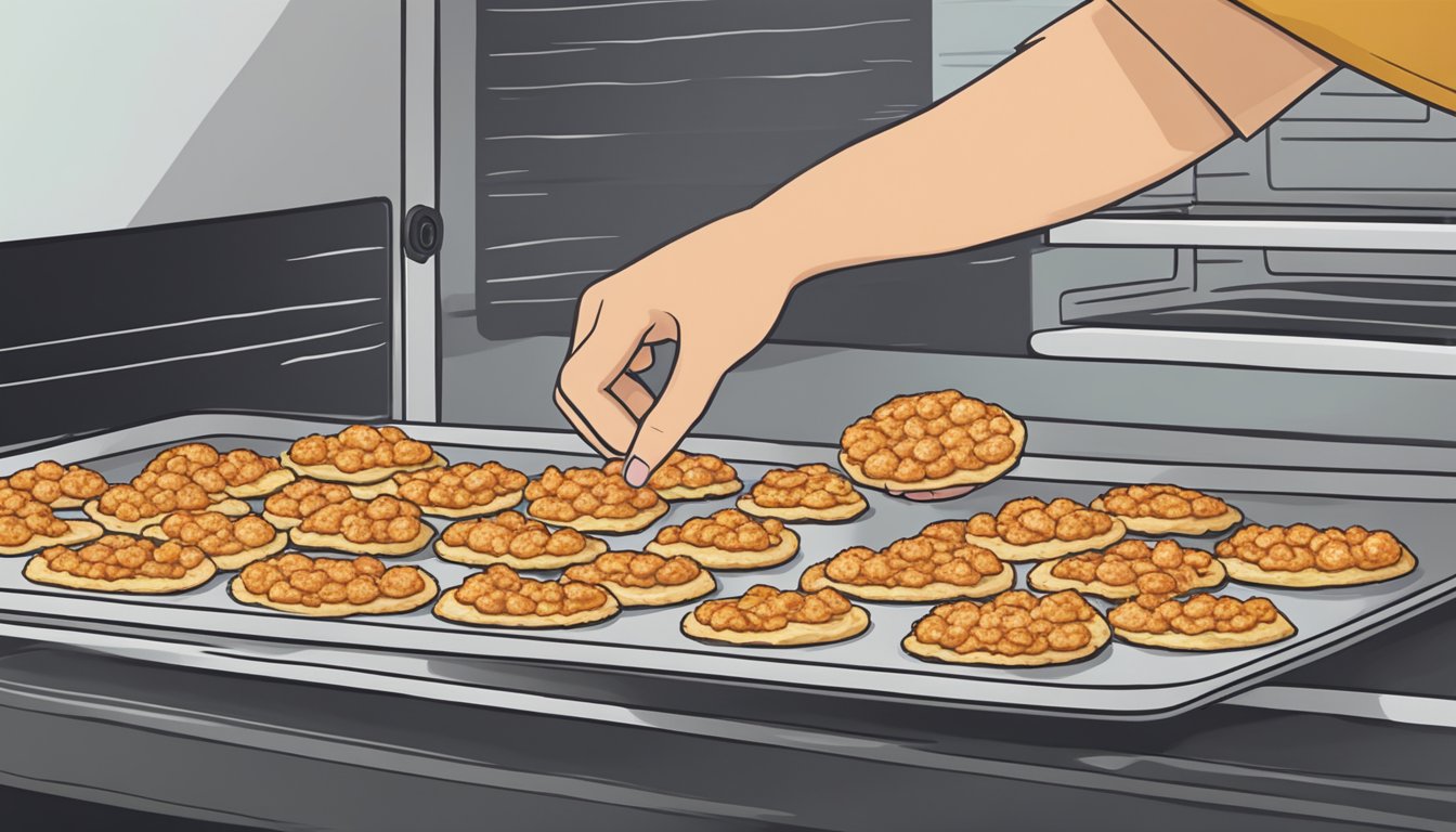 A person placing gluten-free cauliflower crust pizza bites on a baking sheet in the oven