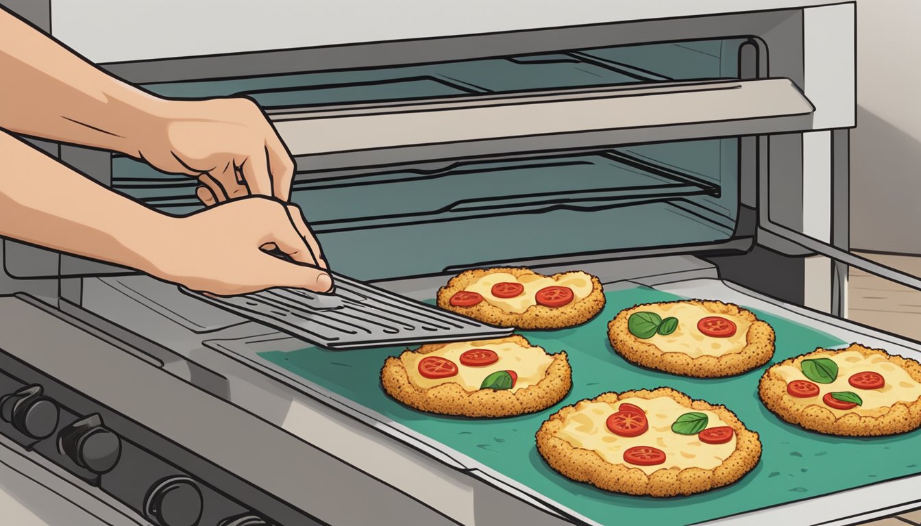 A hand placing gluten-free cauliflower crust pizza bites on a baking sheet in the oven