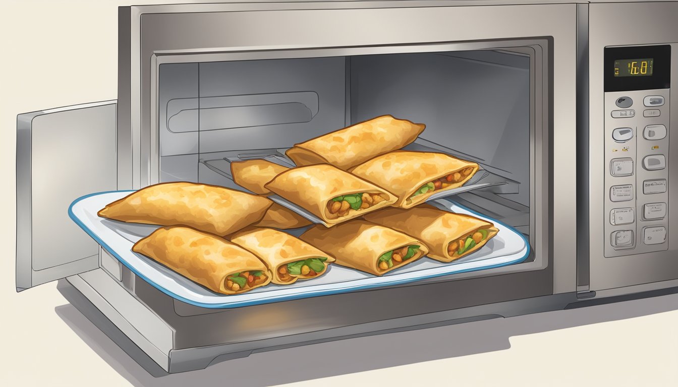 A plate of gluten-free egg rolls being reheated in a microwave