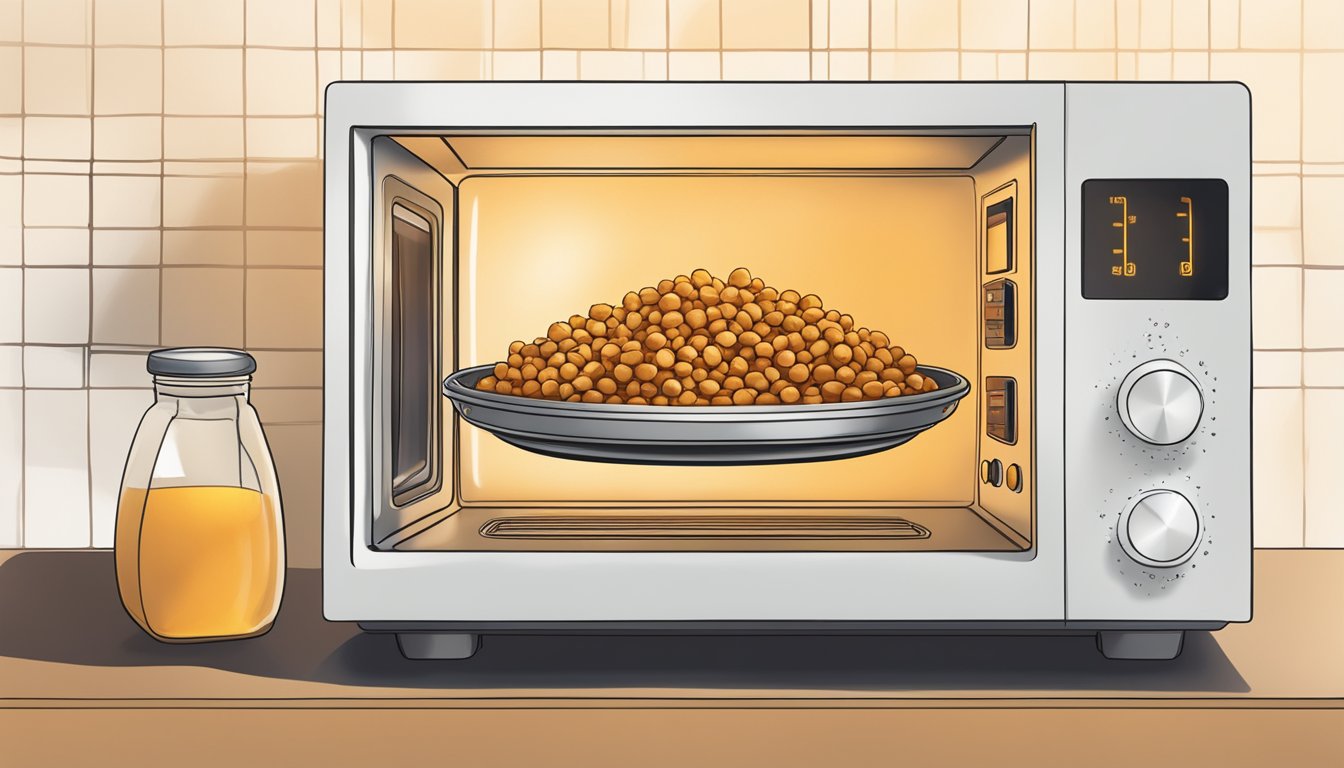 A steaming bowl of gluten-free chana masala being reheated in a microwave, with the aroma of the spices wafting through the air