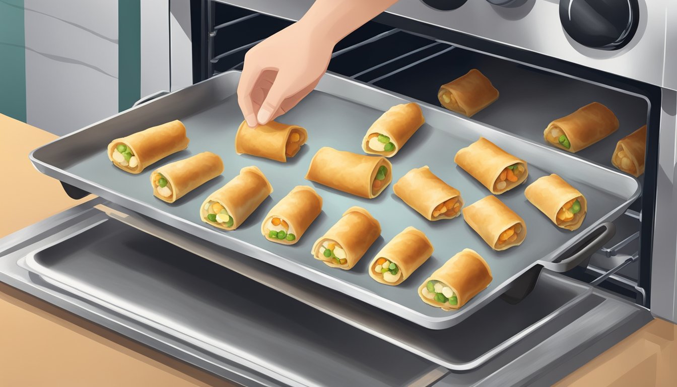 A plate of gluten free egg rolls being placed in the oven on a baking sheet