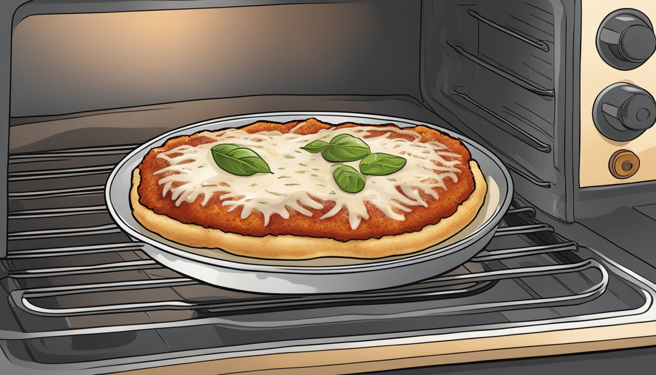 A plate of gluten-free chicken parmesan being reheated in the oven