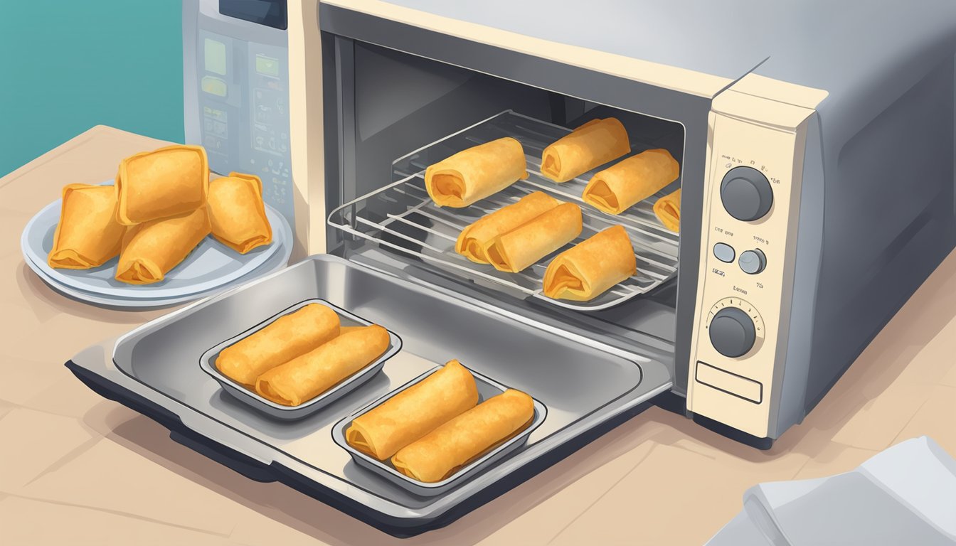 A plate of gluten-free egg rolls being reheated in a microwave