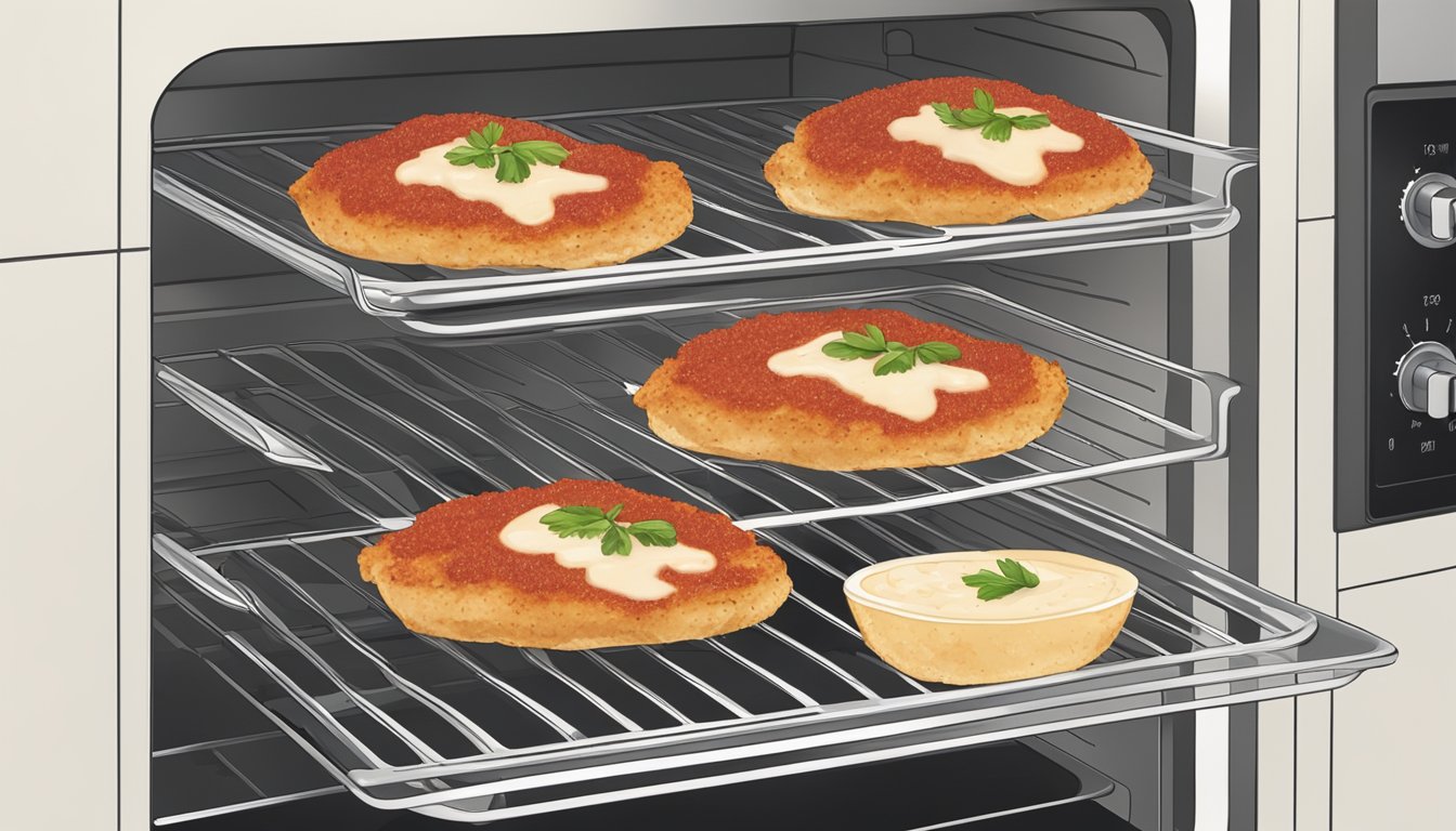 A plate of gluten-free chicken parmesan being reheated in the oven