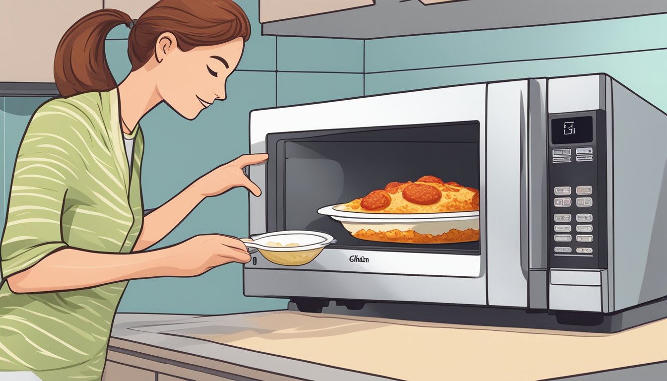 A person placing a gluten-free chicken parmesan on a microwave-safe dish and covering it with a microwave-safe cover before reheating it in the microwave