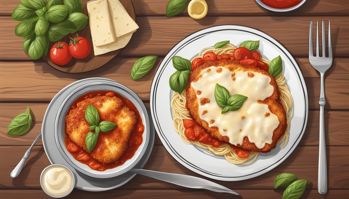 A plate of gluten-free chicken parmesan sits in the center of a rustic wooden table, surrounded by vibrant red marinara sauce and melted mozzarella cheese