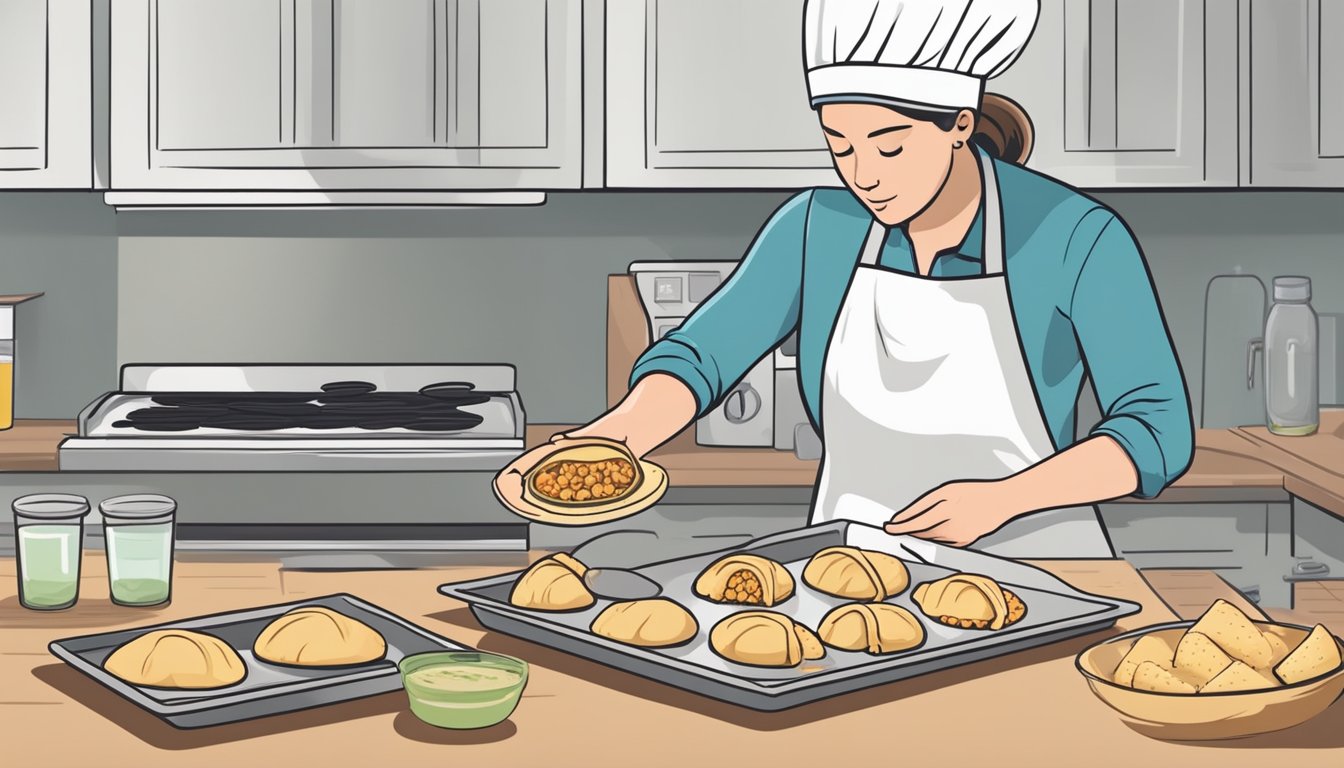 A person placing gluten free empanadas on a baking sheet before reheating in the oven