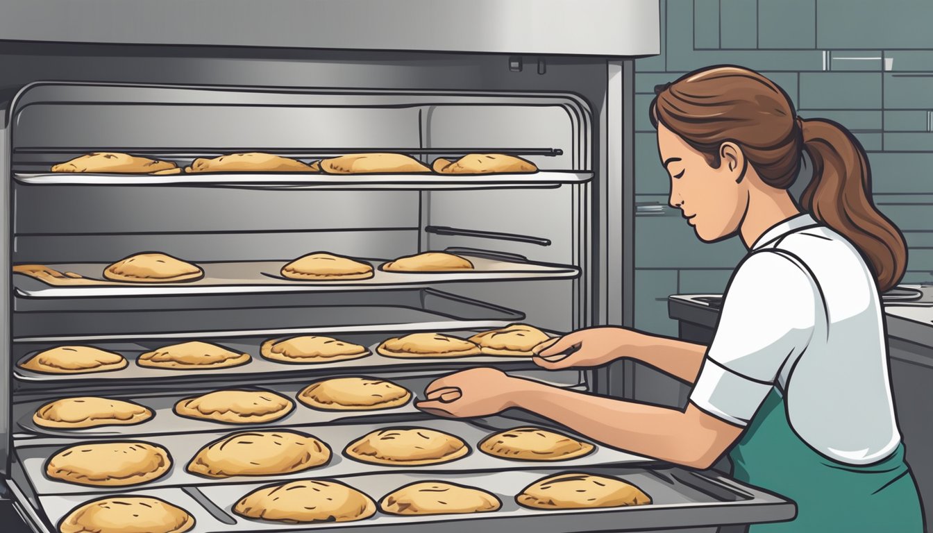 A person placing gluten free empanadas on a baking sheet in an oven