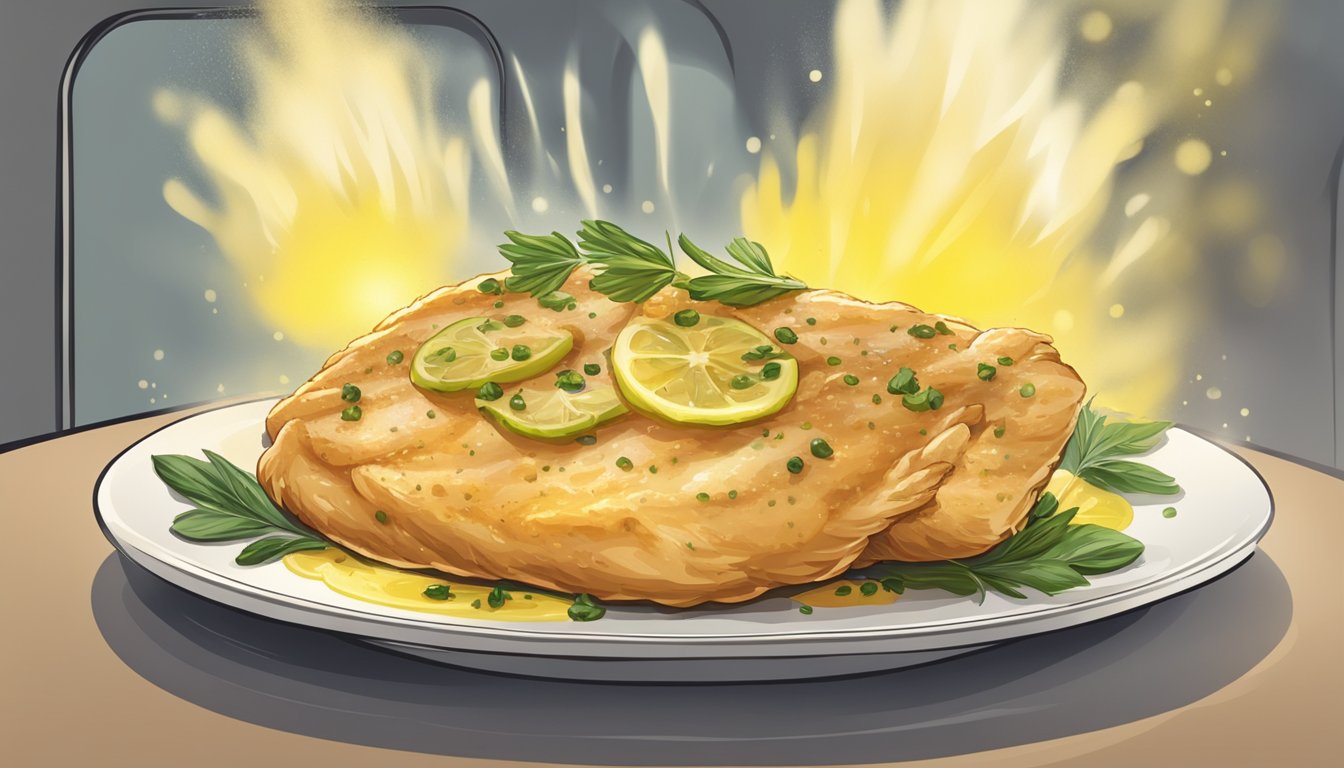 A plate of gluten-free chicken piccata being reheated in a microwave or oven, emitting steam and aroma