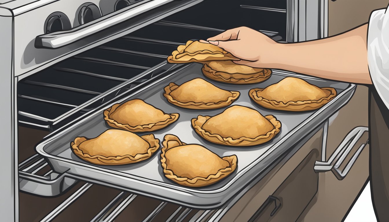 A hand reaching into an oven to pull out a tray of golden-brown gluten-free empanadas, steam rising from the flaky crusts