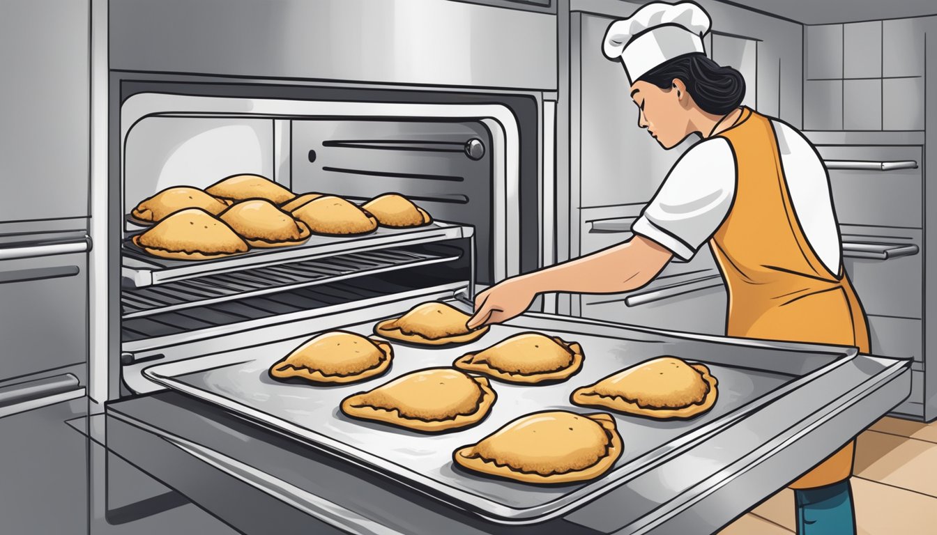 A person placing gluten free empanadas on a baking sheet in the oven