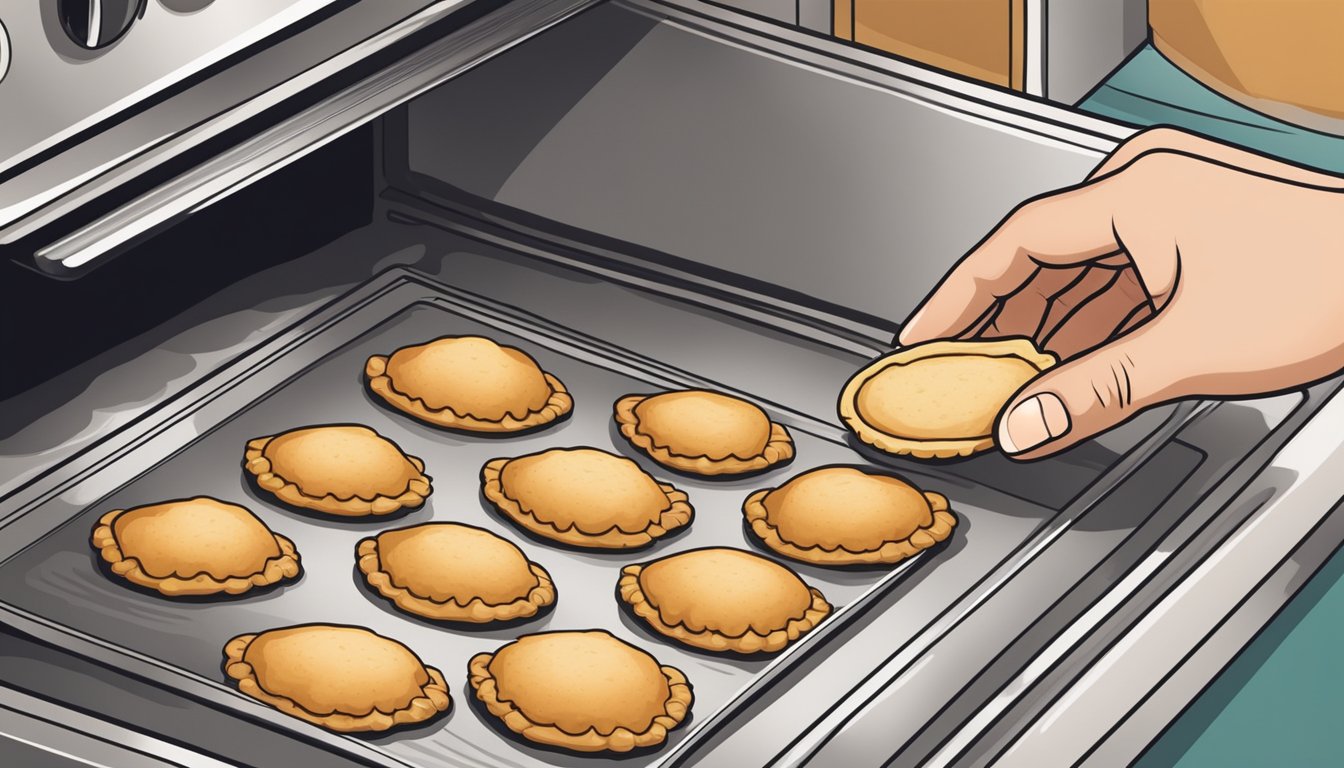 A hand reaching into an oven to remove a golden-brown gluten-free empanada from a baking sheet