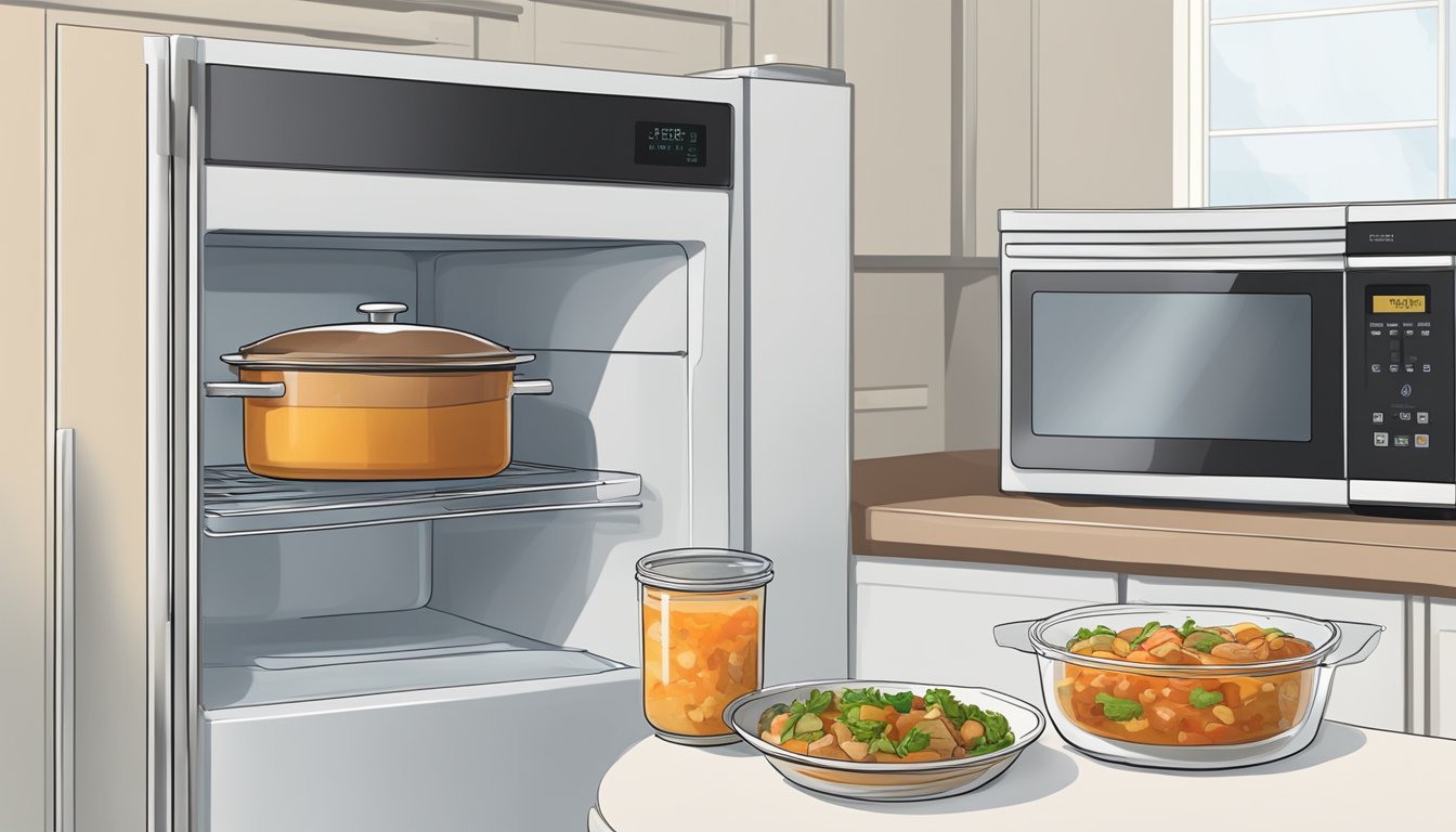 A refrigerator shelf with a covered container of gluten-free chicken stew next to a microwave with a bowl of reheated stew