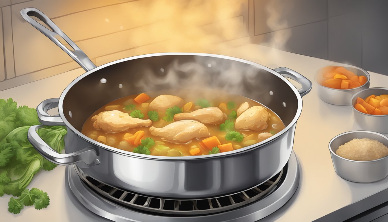 A pot of gluten free chicken stew simmering on a stovetop, steam rising from the bubbling mixture