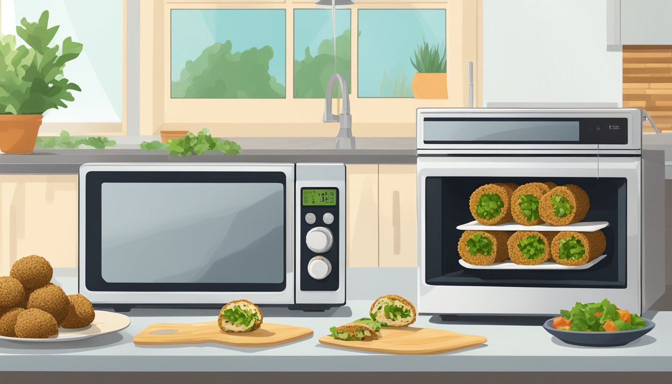 A kitchen counter with a plate of gluten-free falafel wraps, a microwave, and a timer set for reheating