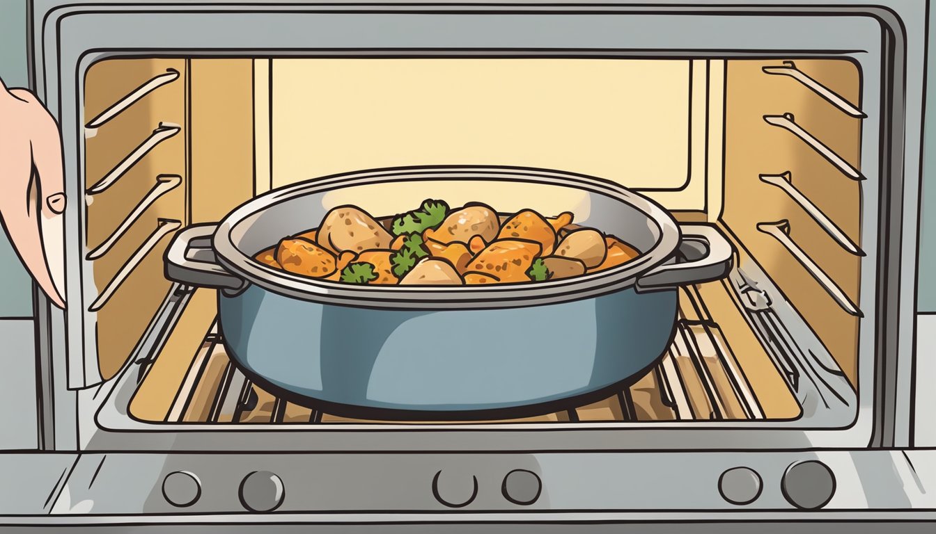 A person places a pot of gluten-free chicken stew in the oven to reheat. The oven is set to a moderate temperature