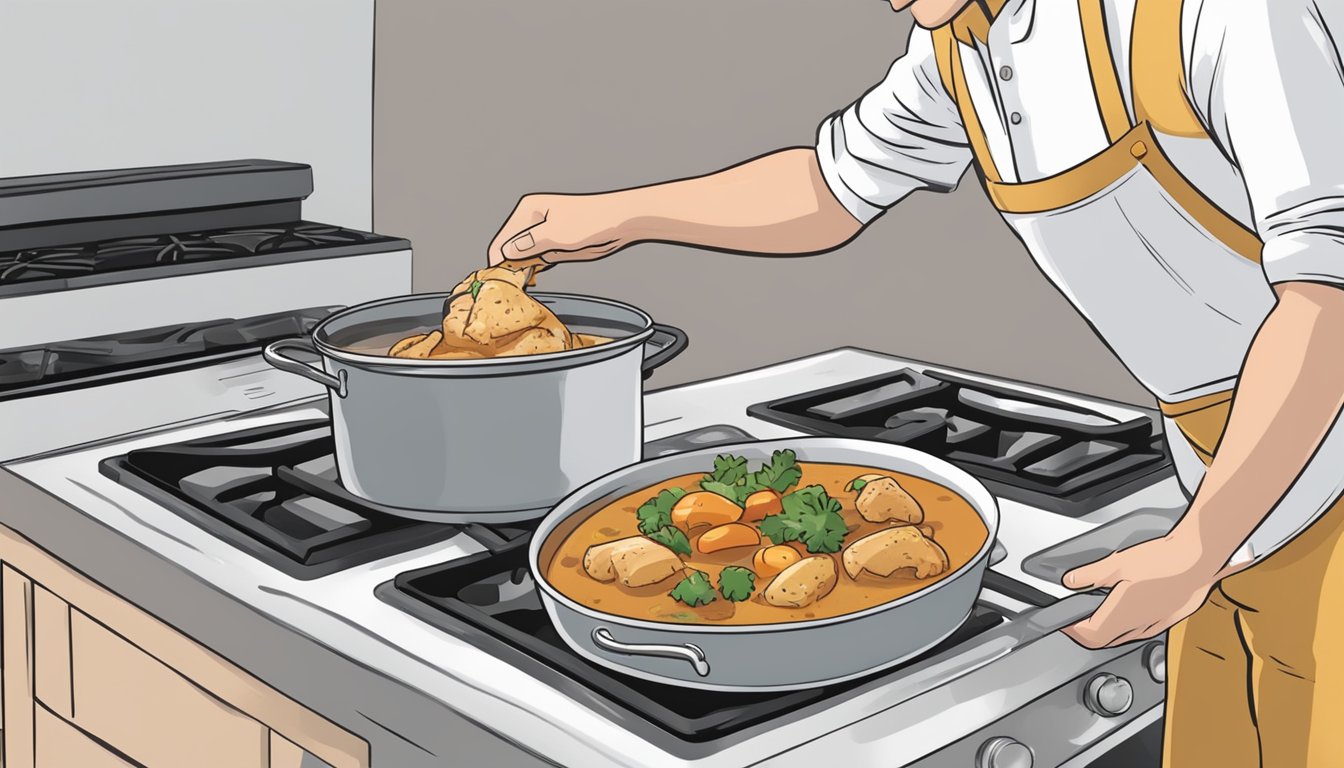 A person placing a covered pot of gluten free chicken stew on a stovetop to reheat