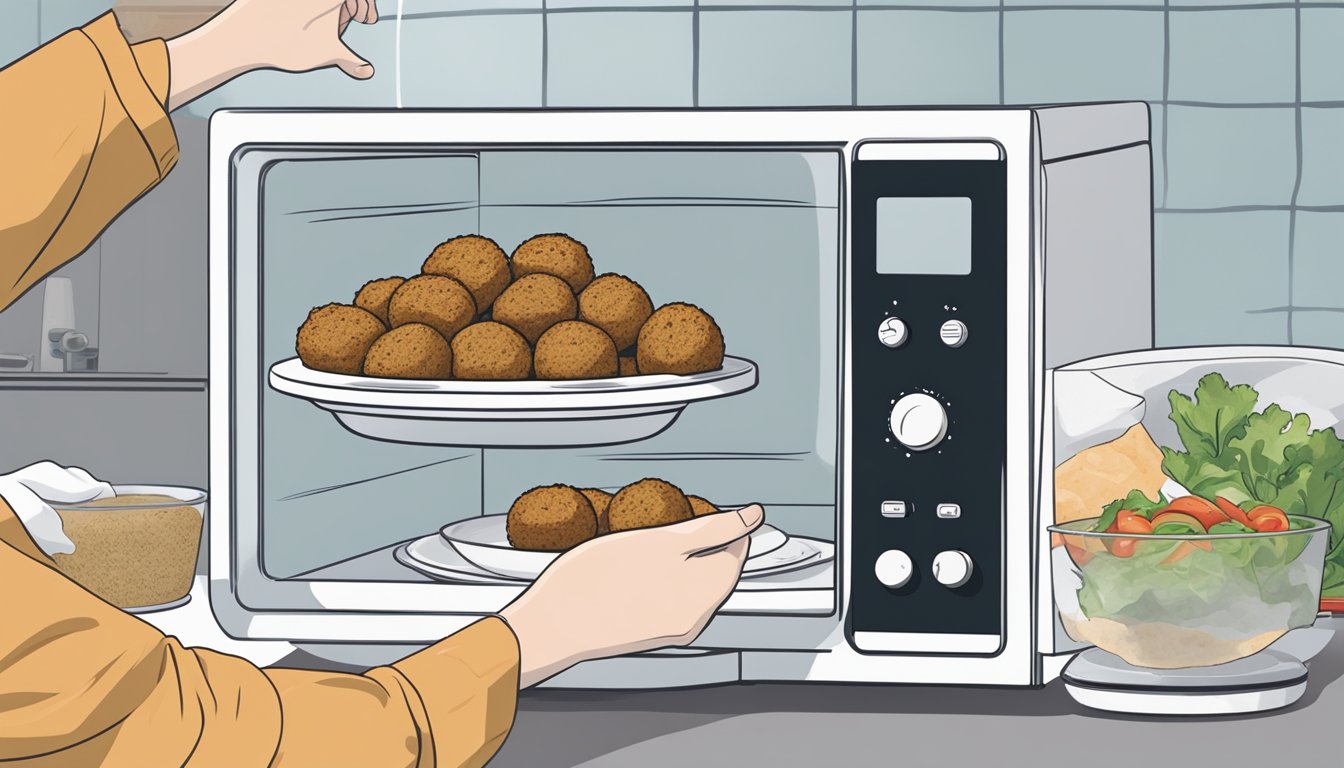 A person places gluten-free falafel wraps on a microwave-safe plate, covering them with a damp paper towel. They heat the wraps in the microwave until warm