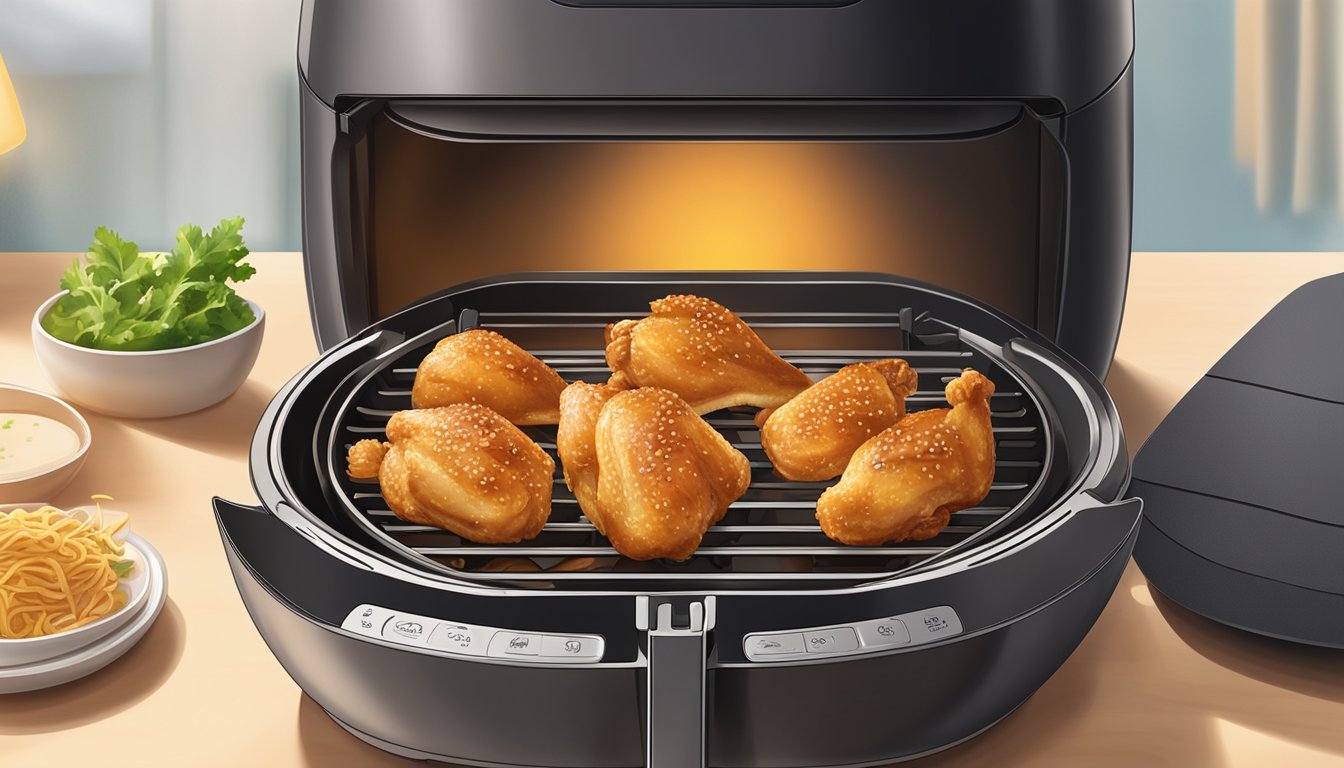 A plate of gluten free chicken teriyaki sits inside an air fryer, surrounded by the warm glow of the appliance's heating element