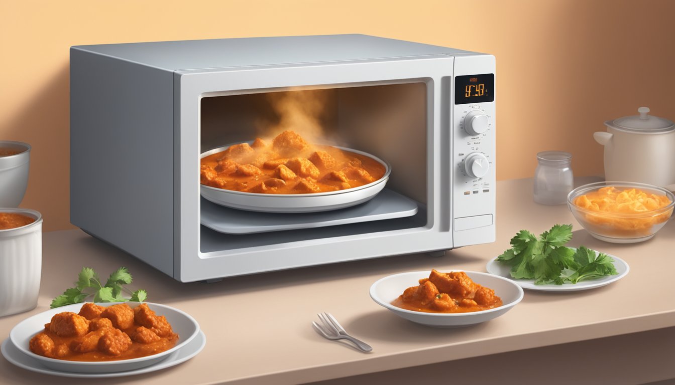 A microwave with a plate of gluten-free chicken tikka masala inside, steam rising from the hot food