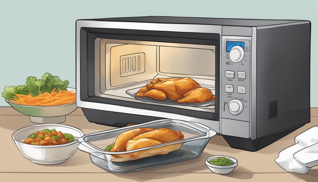 A person reheating gluten free chicken teriyaki in a microwave-safe dish, covering it with a microwave-safe lid or vented plastic wrap, and heating it on high for 2-3 minutes