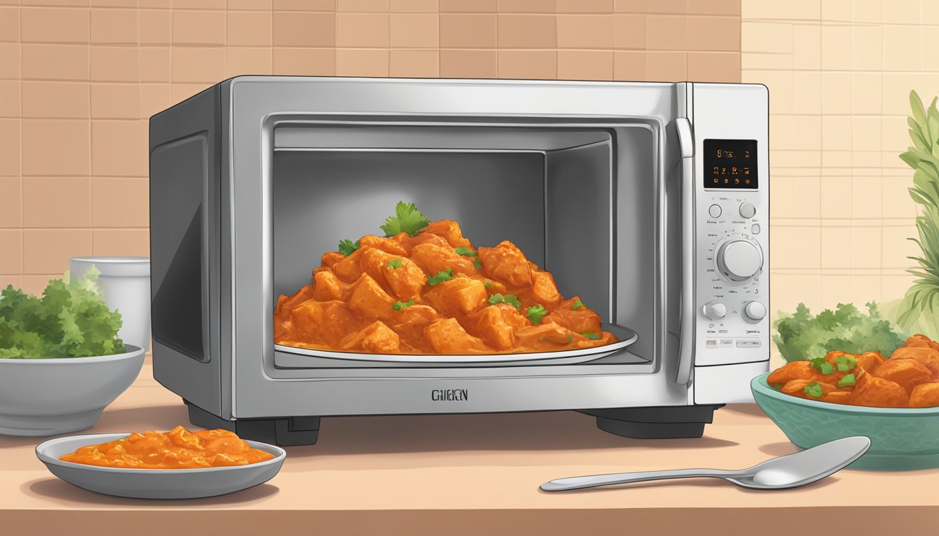 A steaming bowl of gluten-free chicken tikka masala being reheated in a microwave