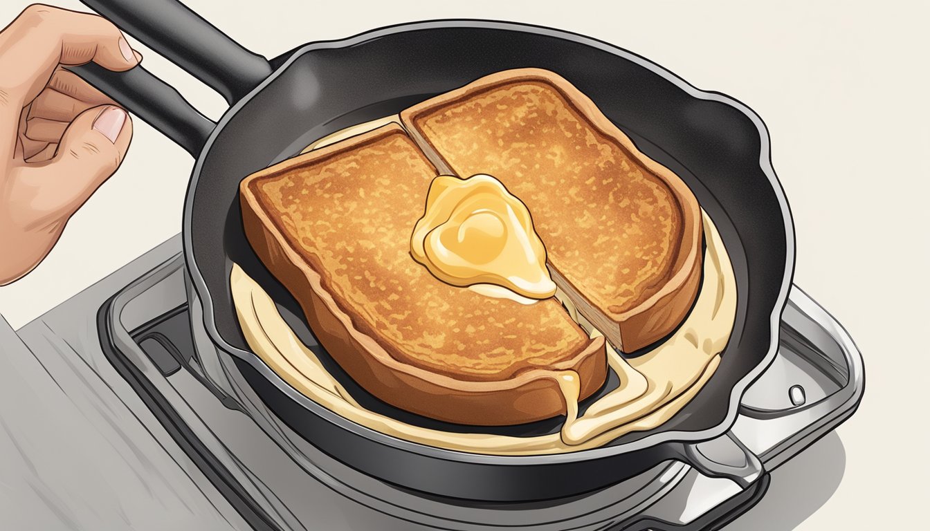 A person reheating gluten free French toast in a non-stick skillet over medium heat, carefully flipping it until both sides are golden brown