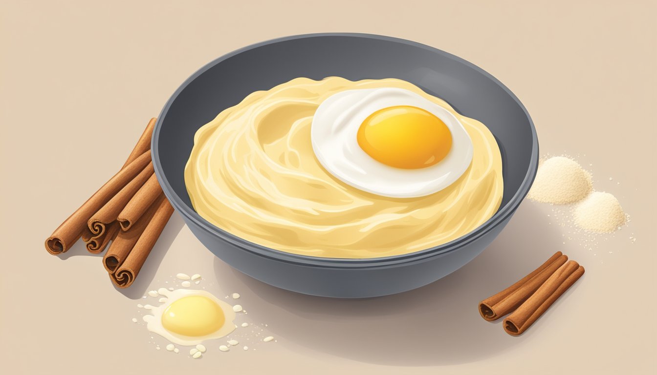 A bowl of gluten-free batter being mixed with eggs, milk, and cinnamon