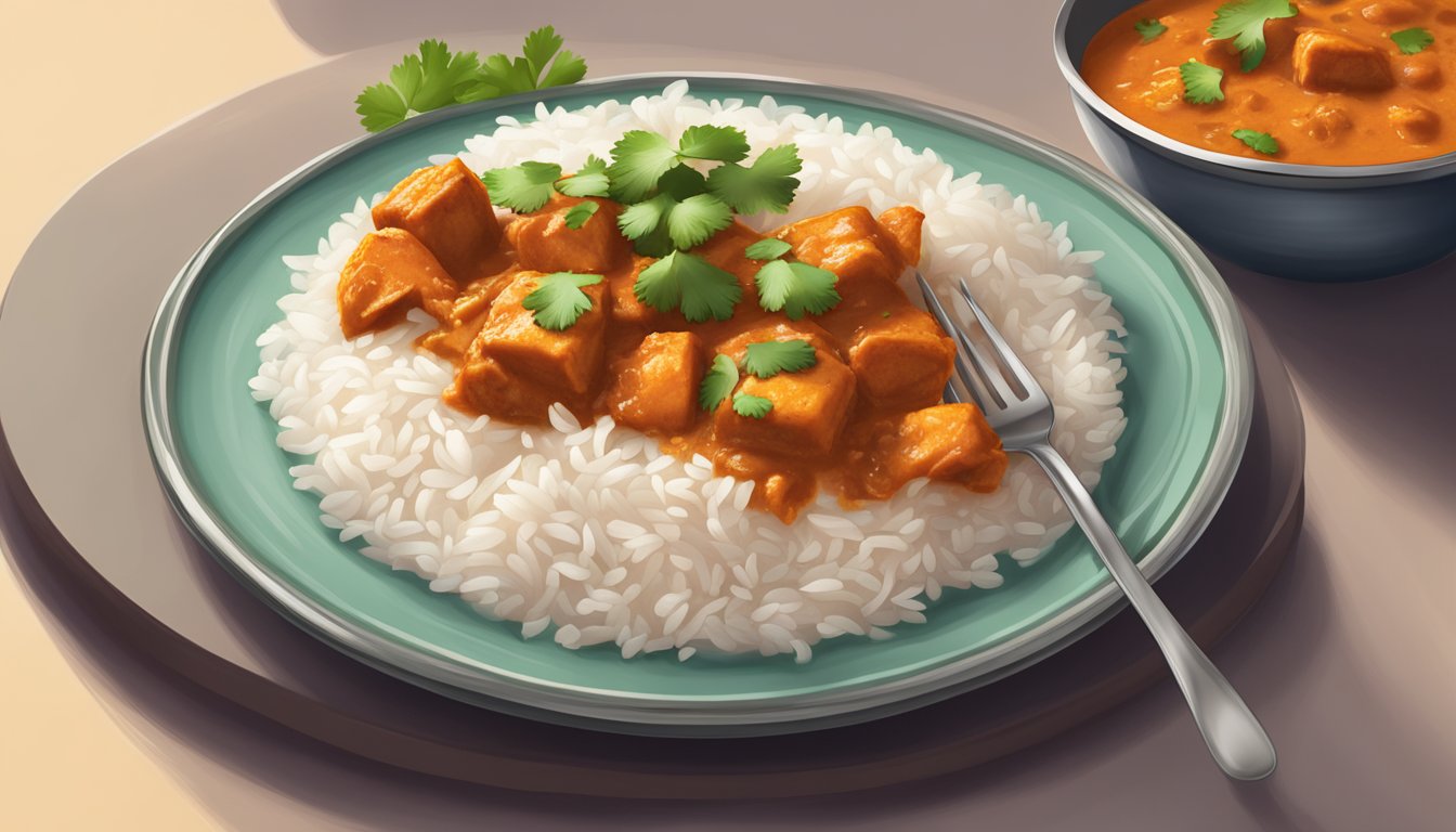 A plate of reheated gluten free chicken tikka masala with steam rising, accompanied by a side of basmati rice and garnished with fresh cilantro