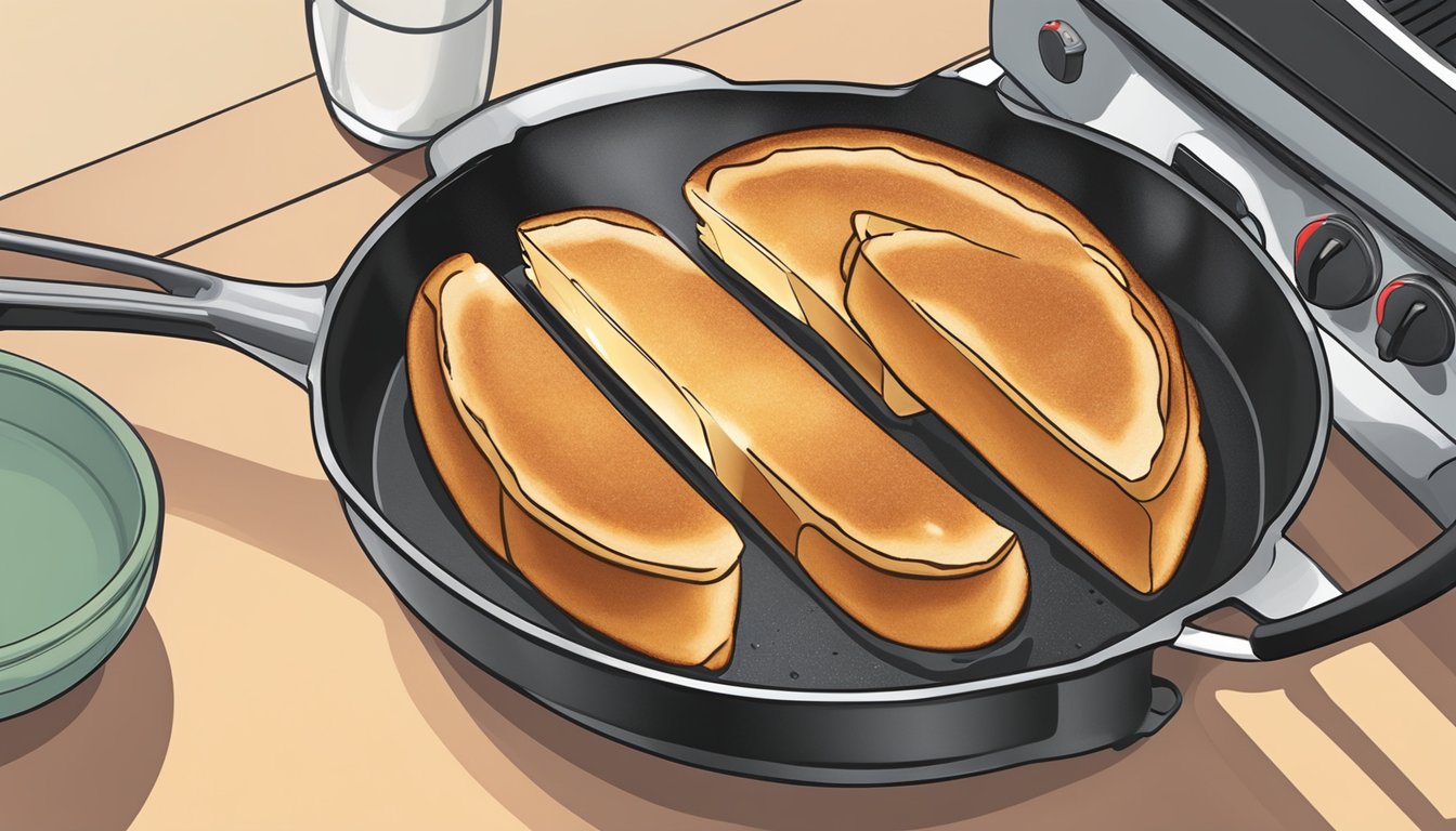 Gluten-free French toast being reheated in a non-stick skillet over a stovetop, with a spatula flipping the toast to ensure even heating