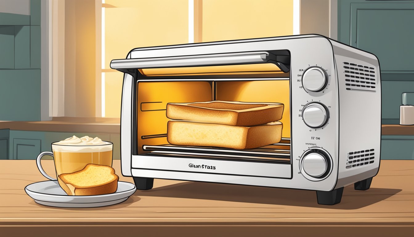 A toaster oven with two slices of gluten-free French toast inside, emitting a warm, golden glow