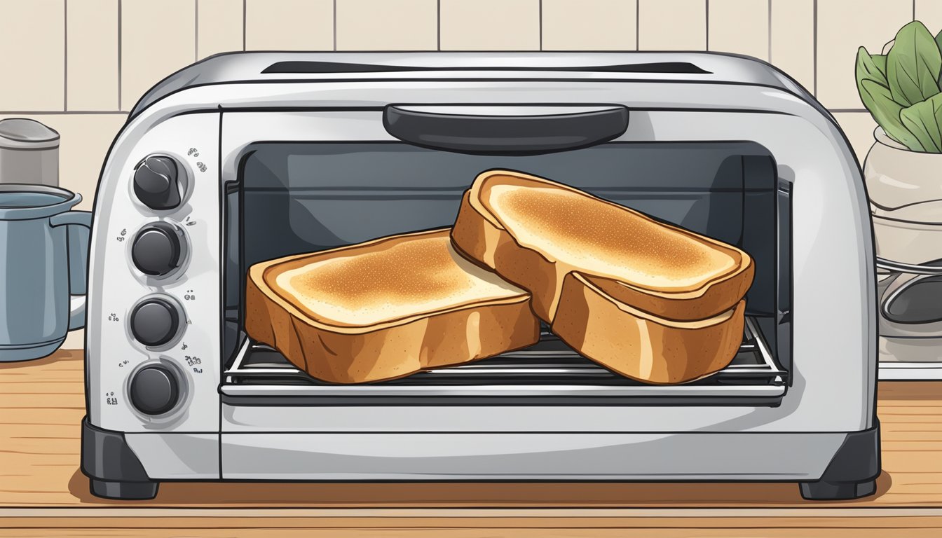 A plate of gluten-free French toast being reheated in a toaster oven