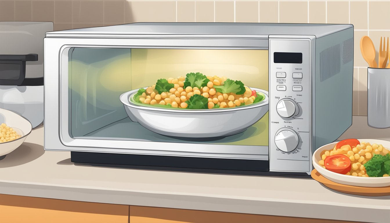 A bowl of chickpea salad being gently reheated in a microwave, steam rising from the dish, with a fork resting on the side